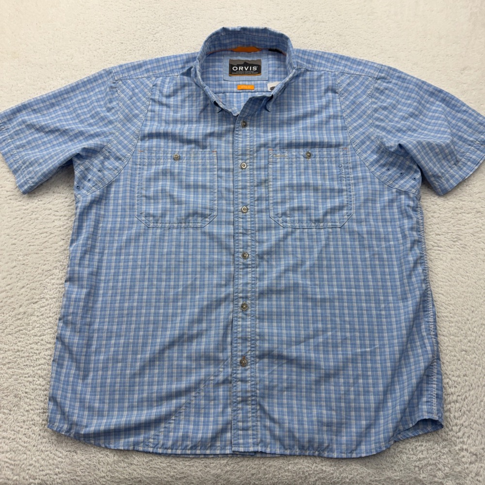 Orvis Mens Active Fit Blue Plaid Short Sleeve Button Down Shirt XL RN70534‎